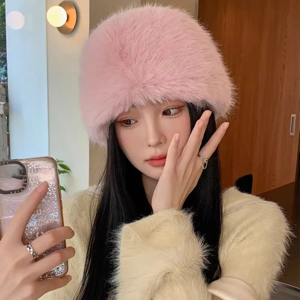 Fashion Warm Fluffy Fur Bucket Hat Windproof Snowy Day Panama Cap Cover Head Cap Ear Protection Mongolian Cap Women