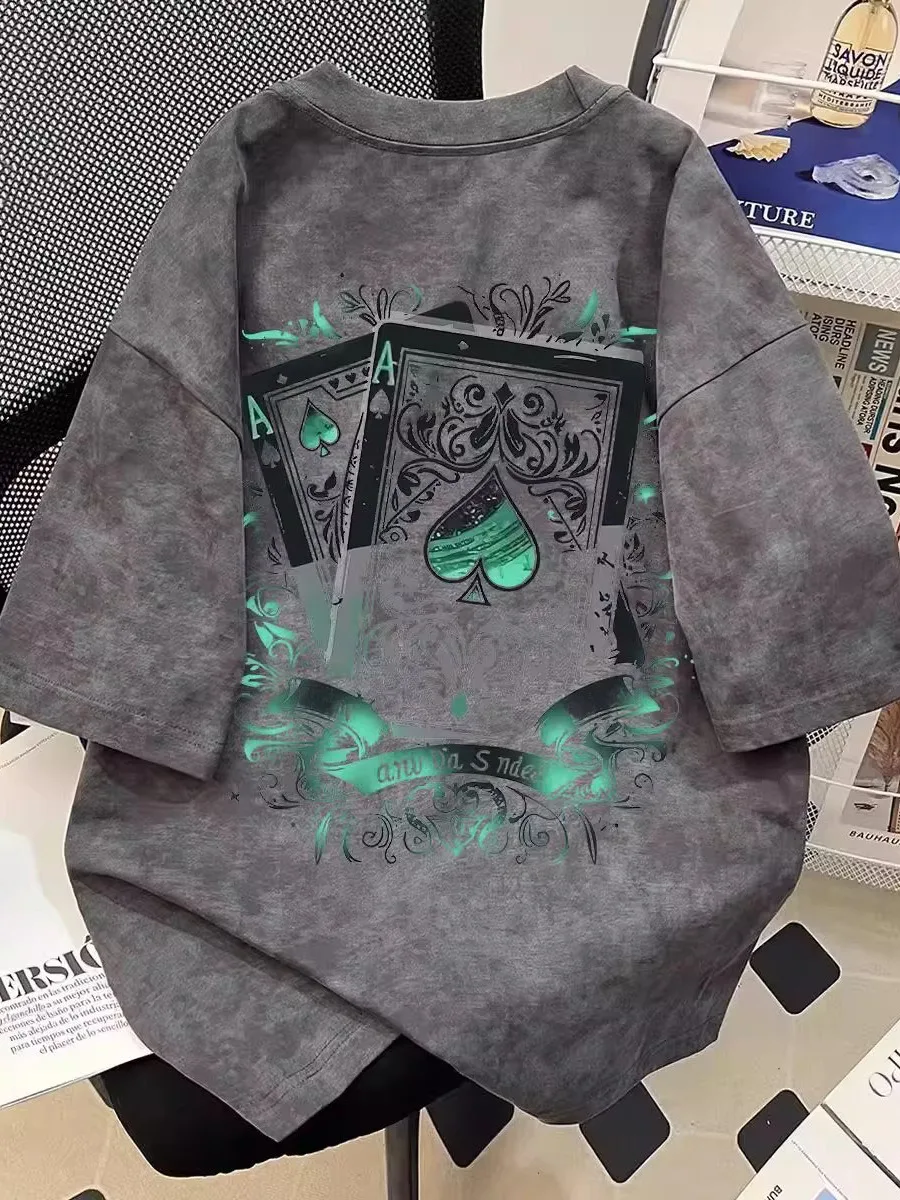 ルーズ染色半袖-tシャツユニセックス通気性吸汗性コットンラウンドネックカジュアル夏のファッションポーカープリントトップ