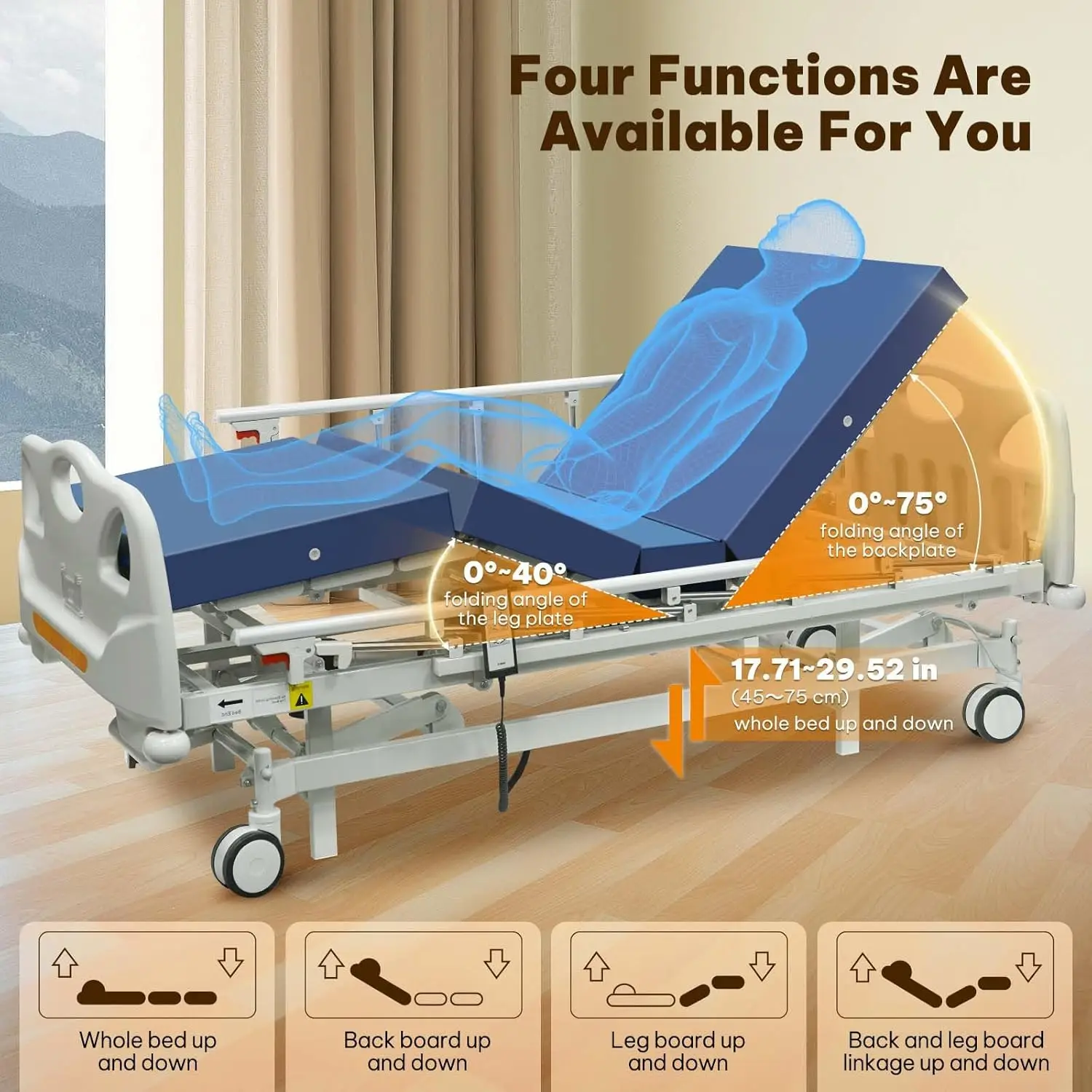 Full Electric Hospital Bed For Home Use With Pu Advanced Mattress And Linak Motors, Premium 4 Function Hospital Icu Bed With