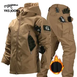 Men's Military Tactical Suit Shark Skin Soft Shell Wear Resistant Hooded Jacket Multiple Pockets Waterproof Fleece 2-piece Set