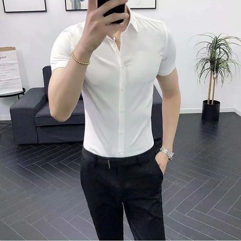 Spring and Autumn Men\'s Square Neck Solid Button Open Thread Decoration Slim Fit Casual Fashion Elegant CommuterLong SleeveShirt