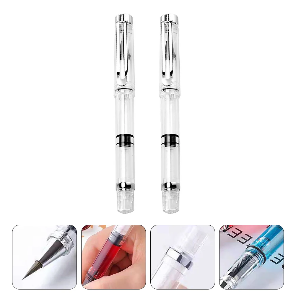 2 Pcs Pen-Type New Writing Brush Scrapbook Refillable Ink Fountain Piston Lettering Calligraphy Plastic Student Paint