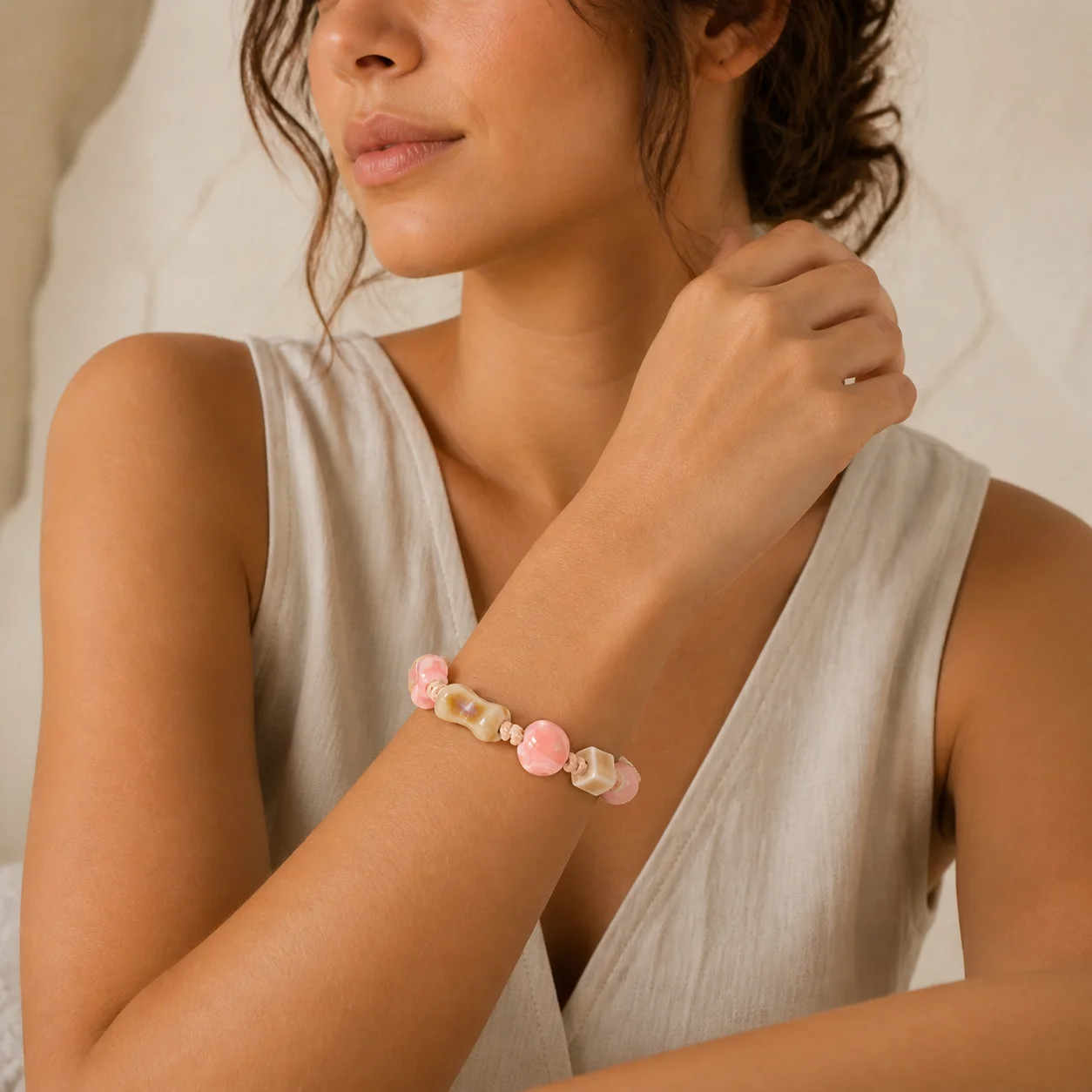 Pink Bone Claw Handmade Ceramic Beaded Bracelet with Waxed Cord Hand Braided Adjustable Wrist Jewelry 608P5-03