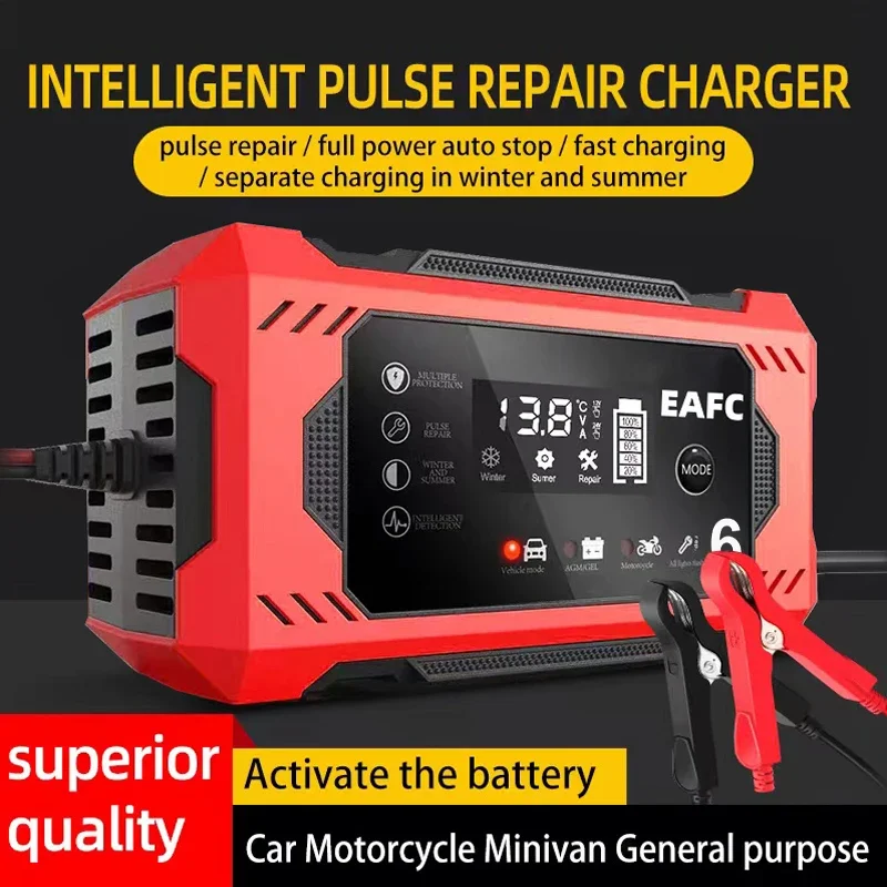 

Car Battery Charger 6A 12V Smart Battery Charger with LCD Touch Screen Display For Car Start Assist Smart Charger Pulse Repair