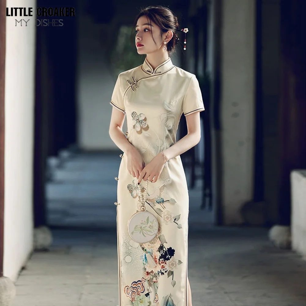 Traditional Chinese Cheongsam for Women Floral Evening Party Quipao Dresses Vintage Handmade Button Beige Cheongsam Size S-xxl