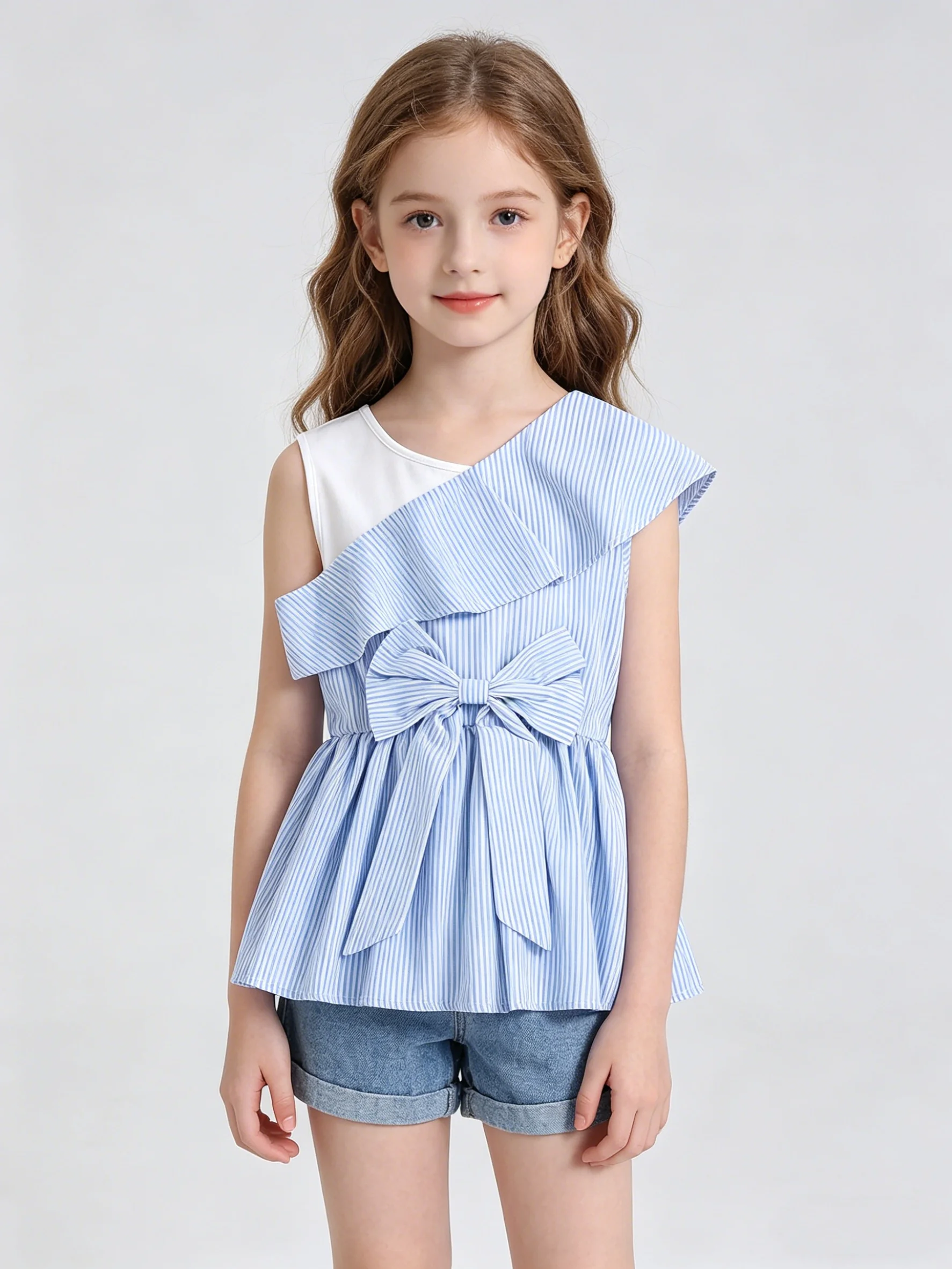 

Summer Girls' Round Neck Retro Striped Sleeveless Bow Shirt With Ruffle Edge Slim Fit Design Top