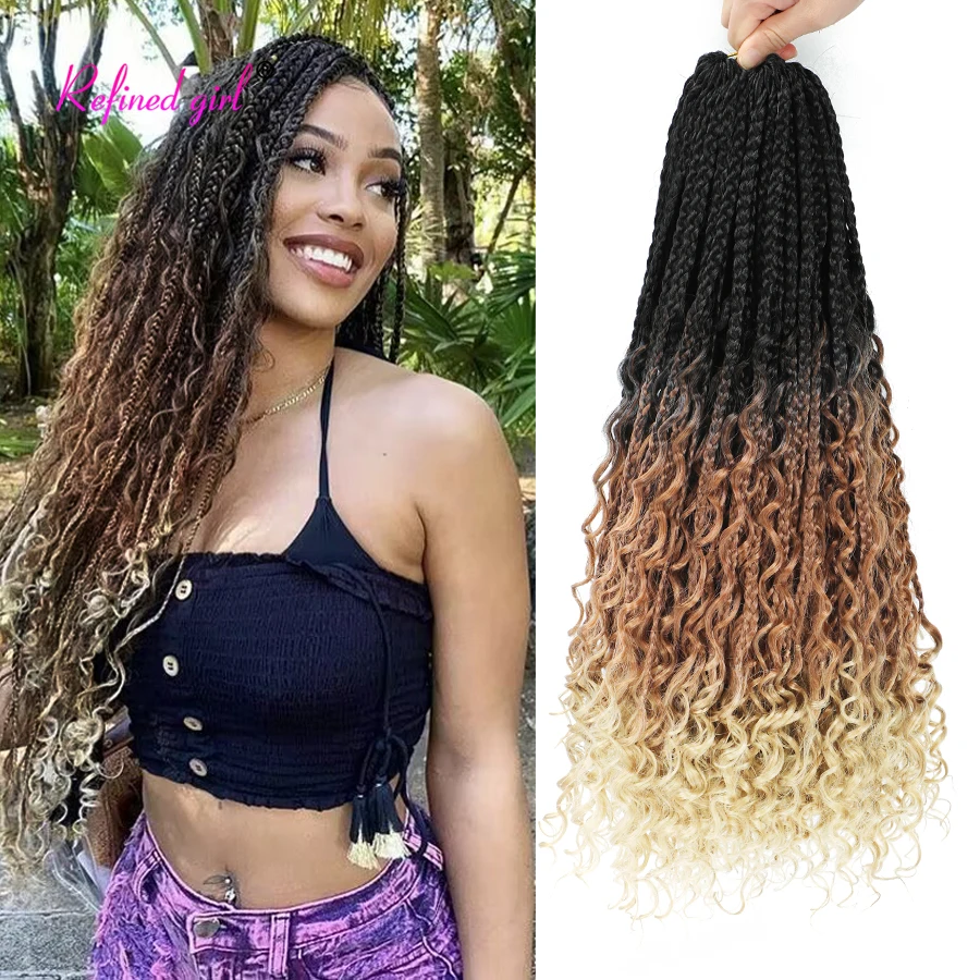 

Boho Box Braids Goddess Crochet Hair Bohemian Curly Ends Braiding Hair Extensions Pre-looped Synthetic Hair For Black Woman