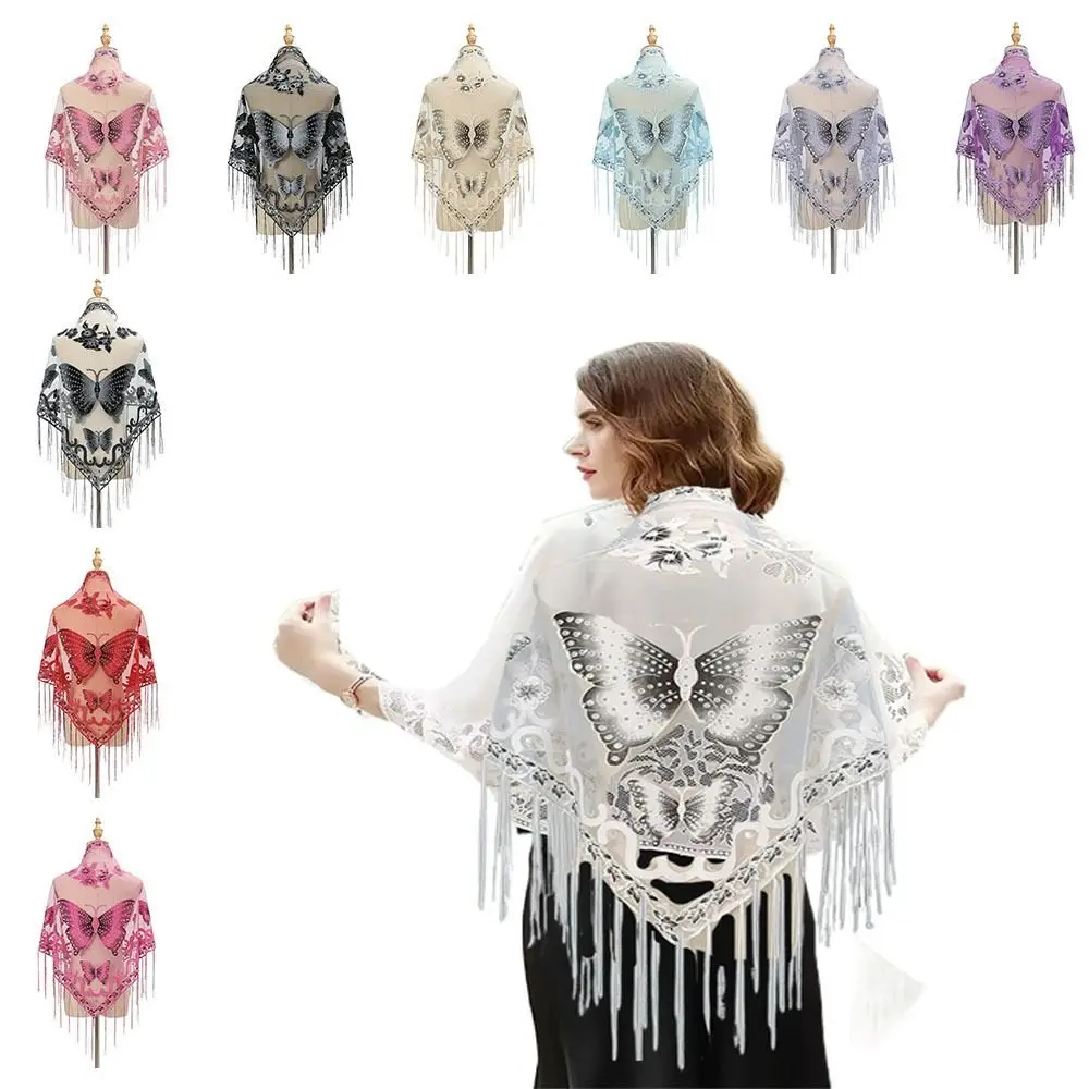 Butterfly Embroidery Tassel Triangle Scarf Sun Protection Thin Hollow Lace Shawl Coat Shiny Sunscreen Up Kimono Cardigans