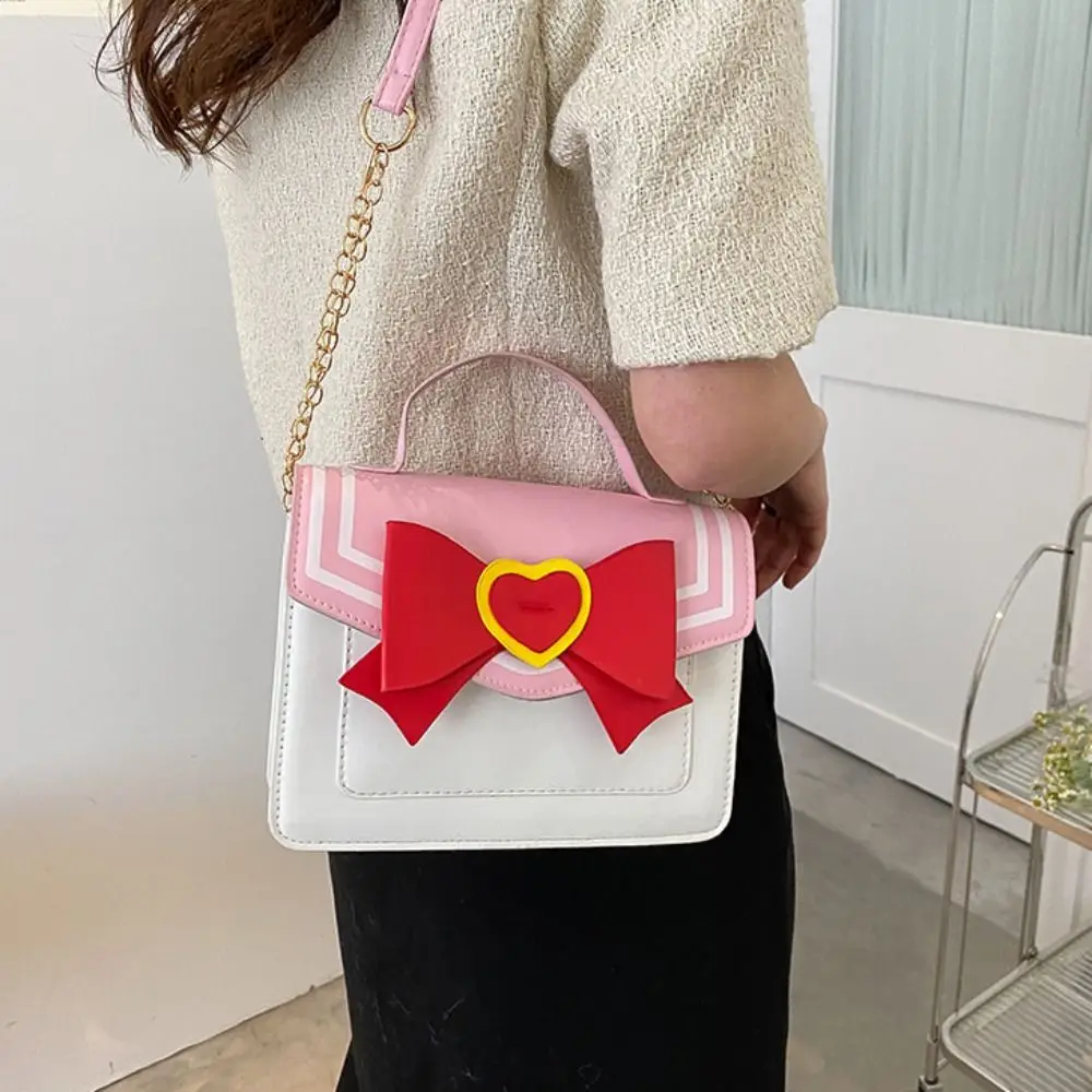 Pu Lederen Kawaii Messenger Bag Met Hoge Capaciteit Effen Kleur Enkele Schoudertas Crossbody Strik Designer Kettingtassen Girl