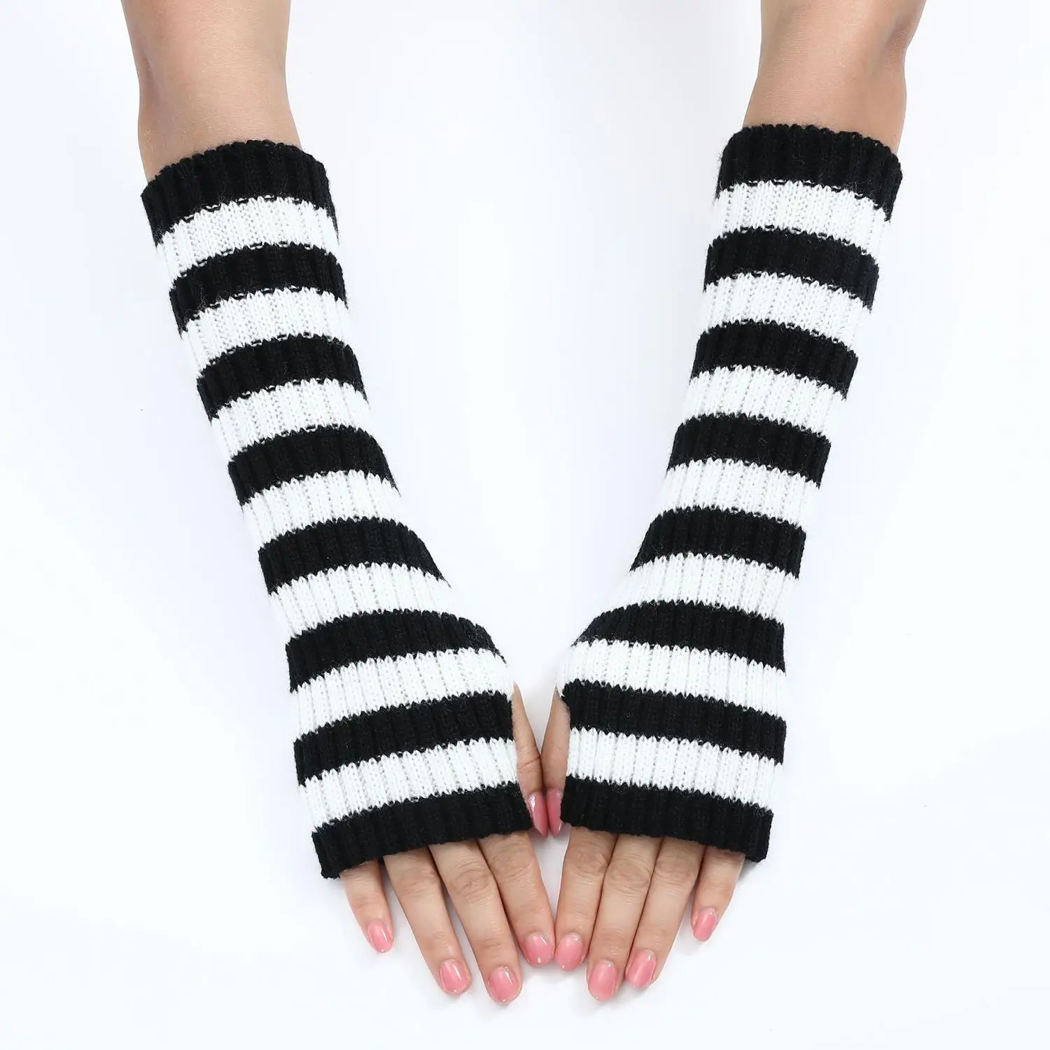 1 Pair New Y2K Colorful Fingerless Gloves Arm Cover Striped Knitted Wrist Sleeves Arm Warmer Gothic Striped Knitted Winter