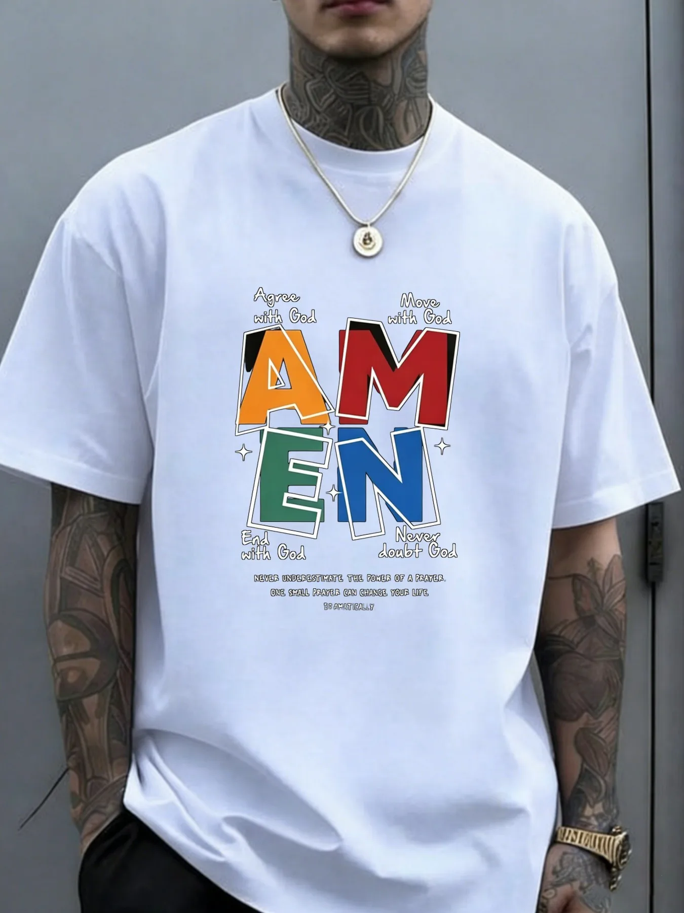 Amen Prayer Inspirational Pattern Print T-Shirt Men's Crew Neck T-Shirt with Back Print, Made from Soft, Breathable, Moisture-Wicking Pure Fabric, Suitable for Casual Summer Wear 01