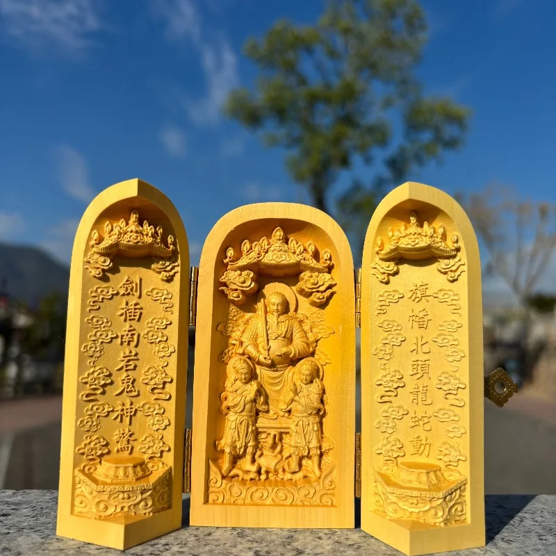 

Императорский храм Чжону из самшита ручной работы - портативный деревянный алтарь 3,9 дюйма, домашний декор фэн-шуй, религиозный подарок