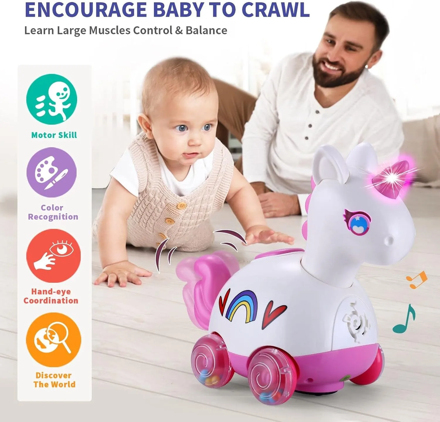 Giocattolo infantile illuminato musicale unicorno per neonate 3-18 mesi Tempo della pancia Attività di apprendimento strisciante Regalo perfetto per il primo compleanno