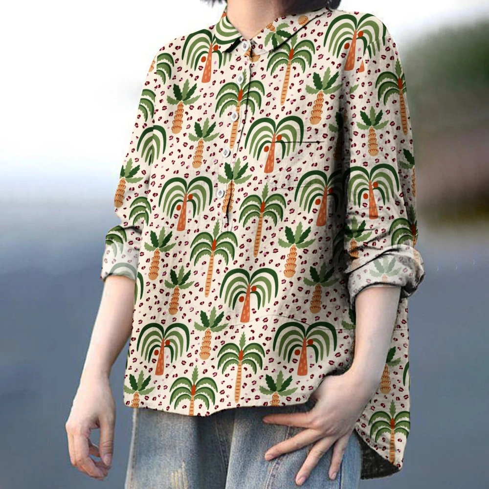 Hawaiian-Style Women's Shirt Polo Collar Irregular Chic Coconut Print Long-Sleeved Shirt Fashionable New Beach Versatile Top