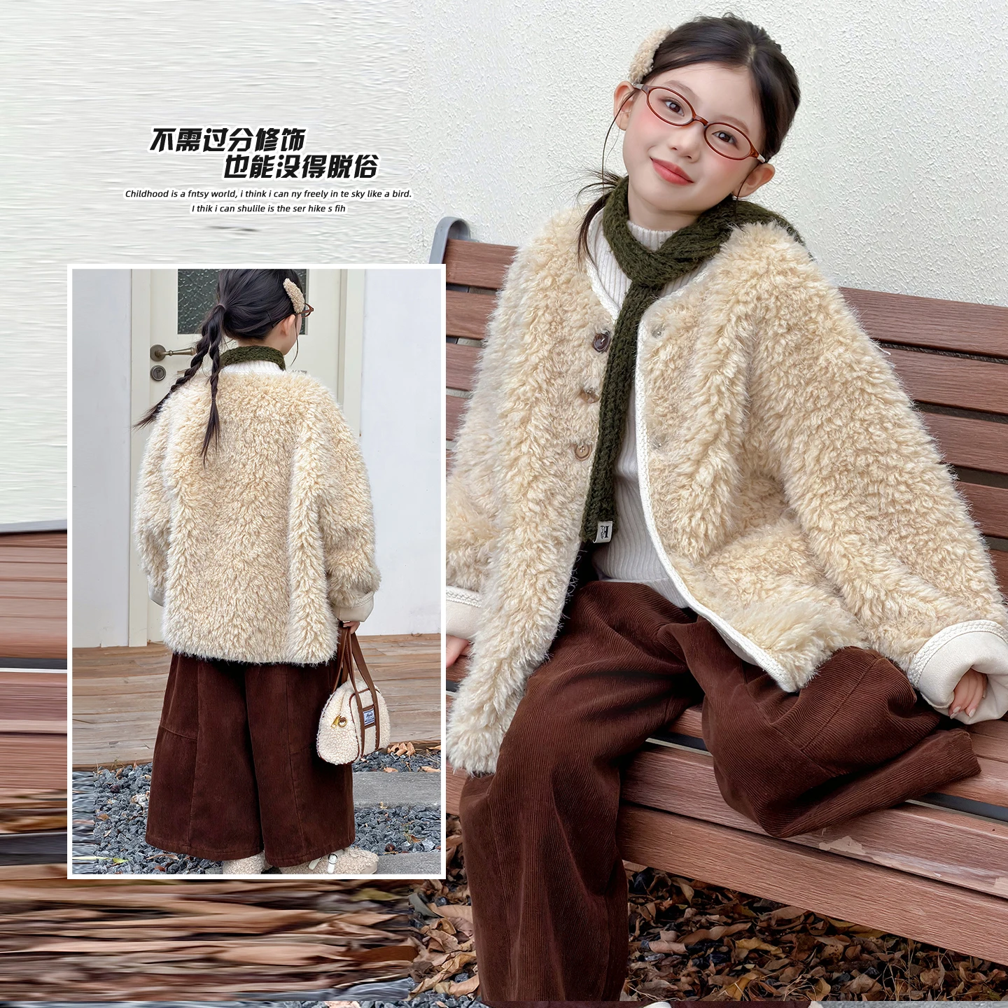خمر مزيج الصوف معطف طويل الكورية القرن مشبك صوف الضأن معطف فتاة الشتاء زائد الصوف سميكة الفراء معطف واحد معطف فروي سن 4-14y