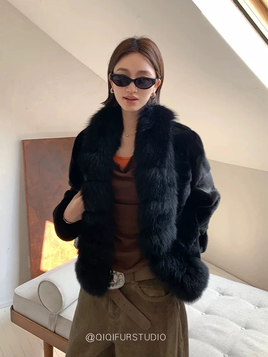 HDHOHR 2026 New Real Mink Fur Coats Women Fashion With Real Fox Fur Whole Mink Fur Coat Winter Warm Real Mink fur Jackets Femal