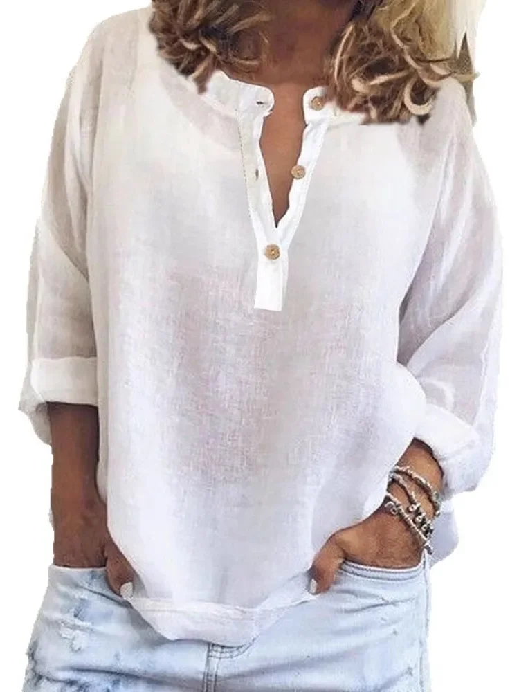

Spring Autumn Solid Casual Loose Long Sleeve Shirt Fashion New Elegant Button v-neck Office Holiday Tops Shirts Womens Clothing