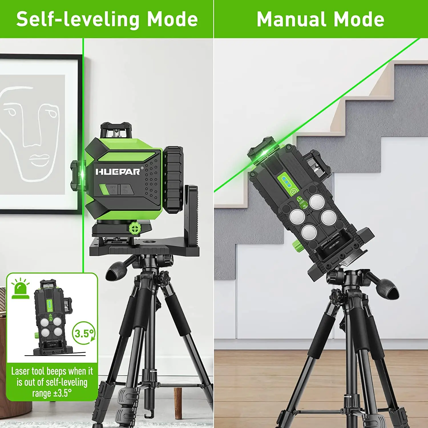 Huepar Osram Laser Level Self-leveling 4D Green Beam 360°Cross Line 16 Lines Tiling Floor Laser Tool Large Li-ion Battery 704CG