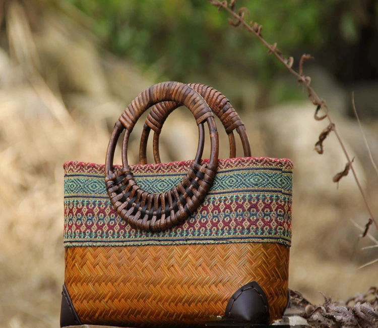 Summer Trendy Retro Handmade Bamboo Woven Handbag Environmental Protection Women\'s Woven Bag Beach Travel Bamboo Woven Handbag