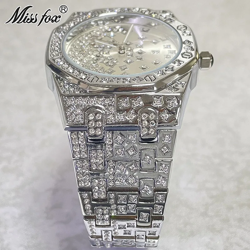 Hip Hop Brand MISSFOX Sliver Fashion Iced Watch For Mens Luxury Diamond Automatic Date Clocks Full Steel Waterproof Watches Male