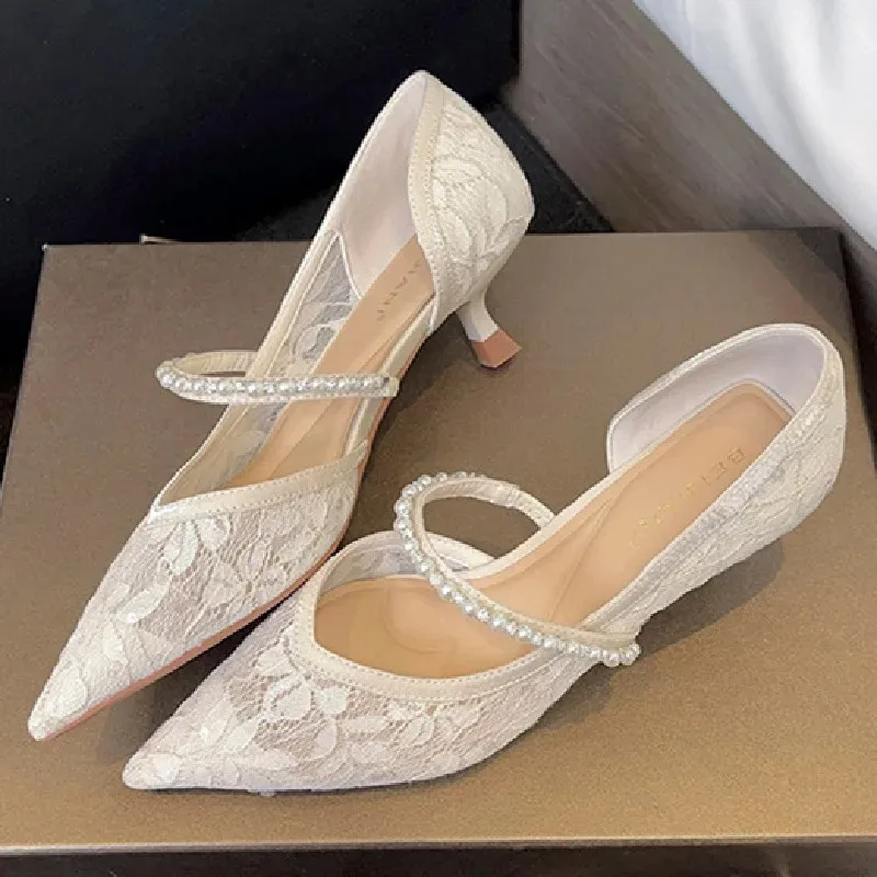 

Luxury Lace Pearl Women Pumps High Quality Pointy Toe Thin Heel Band Slide Sandals Woman Party Dress Shoes for Women