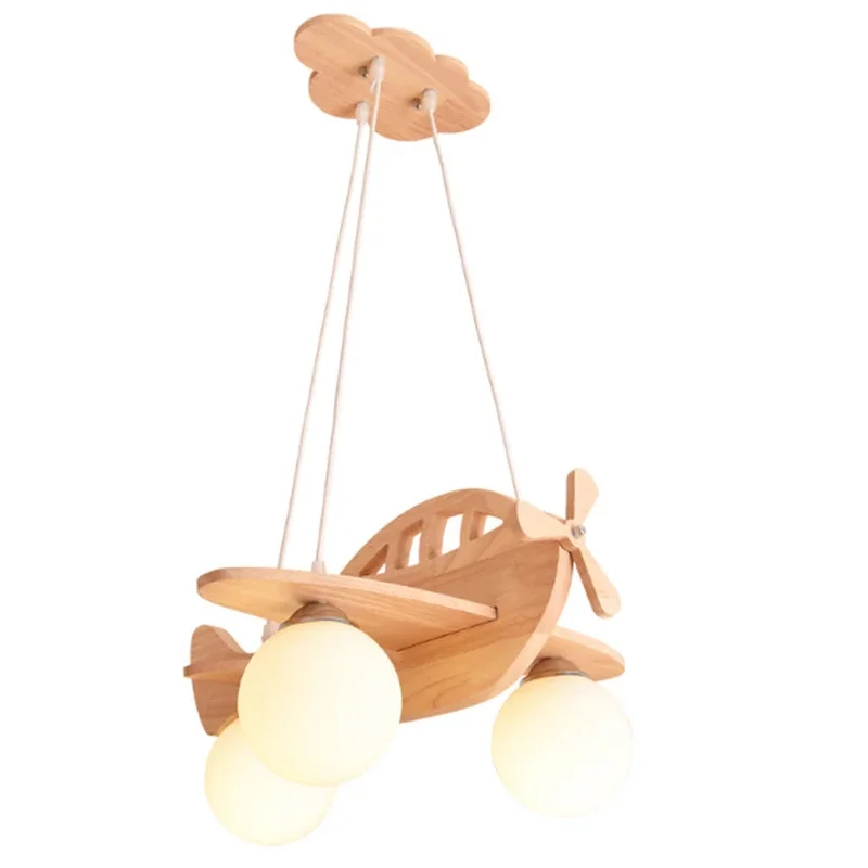 Children Kids Wood Airplane Chandelier For Boy Bedroom LED Hanging Pendant Lamp Nursery Aircraft Suspension Lights