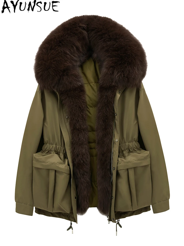 AYUNSUE ホワイトグースダウンジャケット レディース 冬服 2025 ミドル丈トレンチコート フォックスファー襟付き 新作コート レディースコート