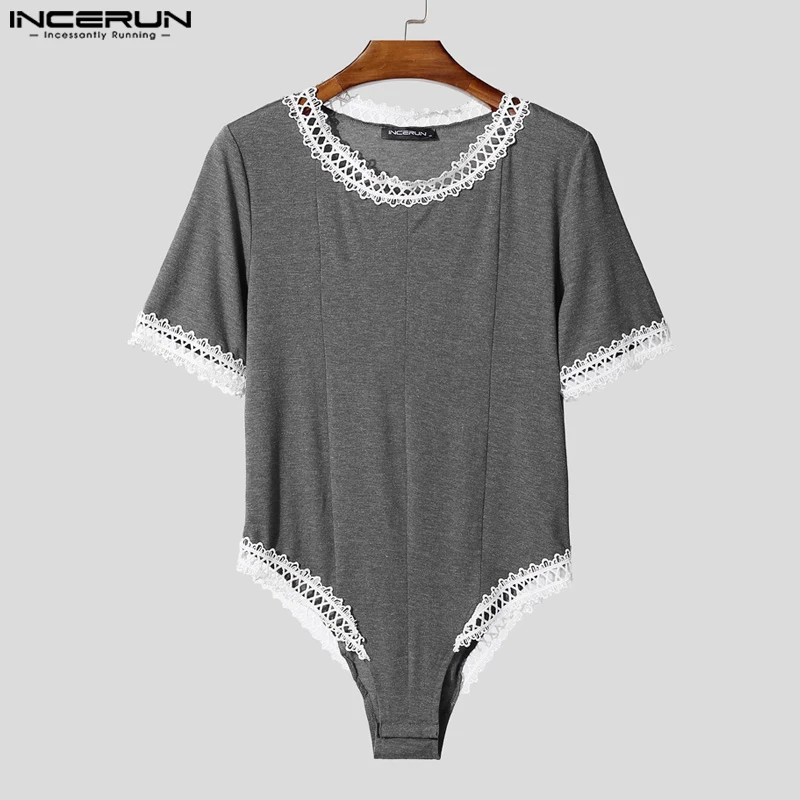 

INCERUN Men Bodysuits Lace Patchwork O-neck Short Sleeve Sexy Male Rompers Playsuits 2025 Summer Streetwear Fashion Bodysuit Men