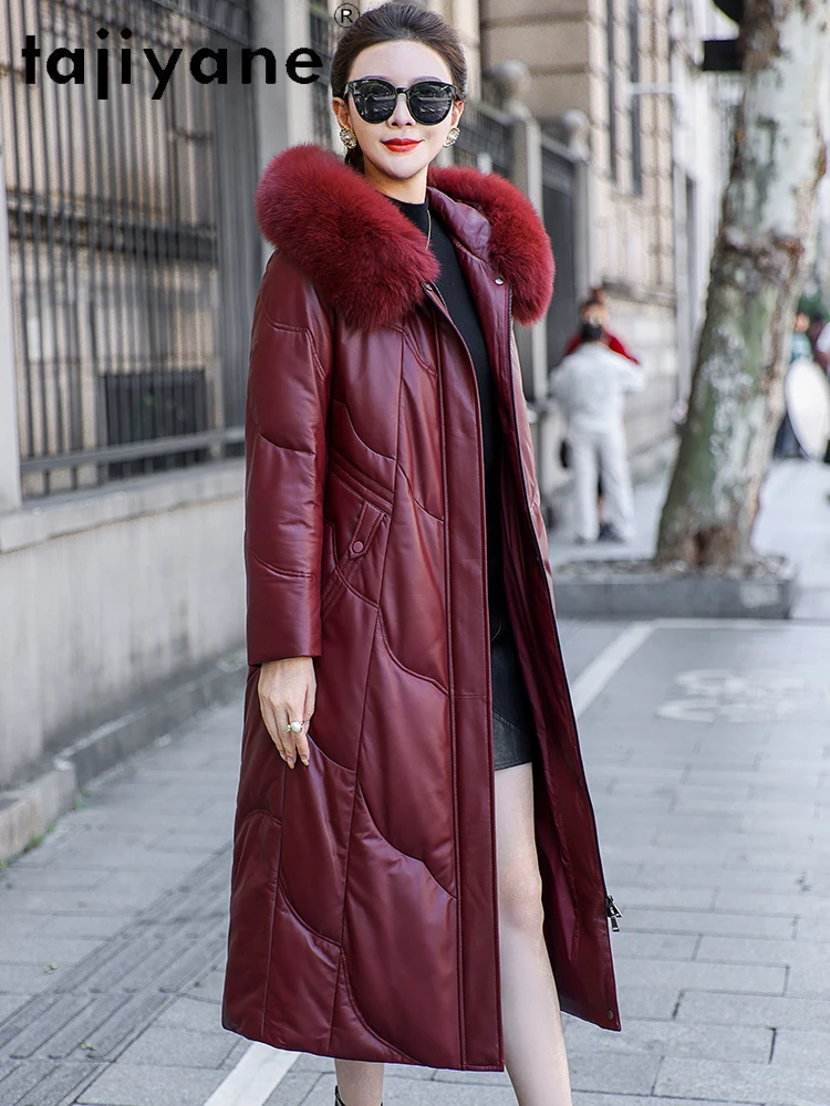 TAJIYANE 100 % Schaffell-Gänsedaunenmantel für Damen, Fuchspelzkragen, Mäntel mit Kapuze, rote echte Lederjacke, Winter-Frau-Kleidung, 2025 α Turismo