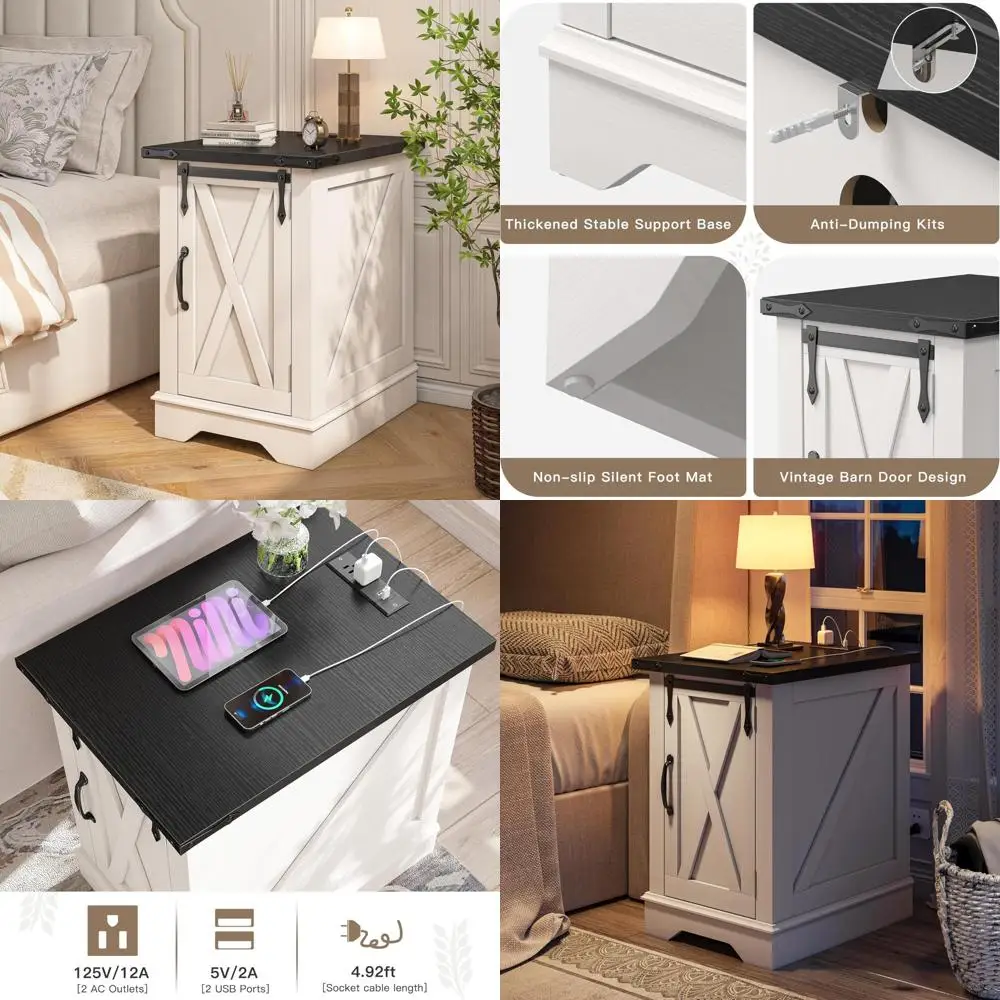 

Charging Station Nightstand, Farmhouse Style 25 Inch End Table with Barn Door, Large Wooden Sofa Side Table with Adjustable Shel