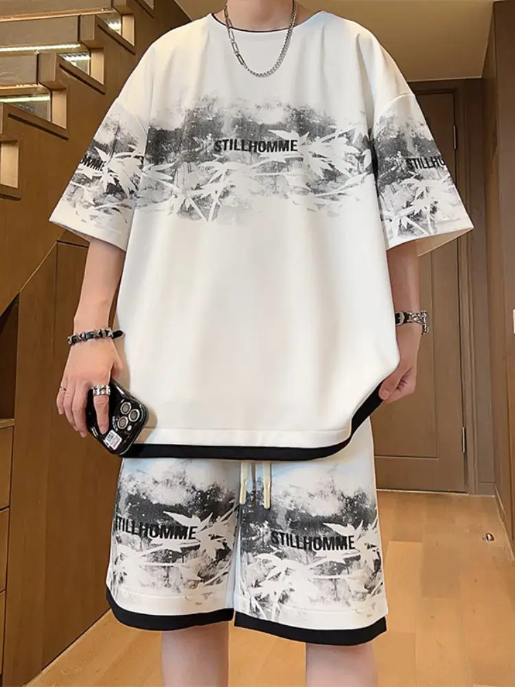 

Повседневный спортивный комплект футболок для мужчин: летний, дышащий, легкий, с принтом, круглый вырез, растительный цветочный узор