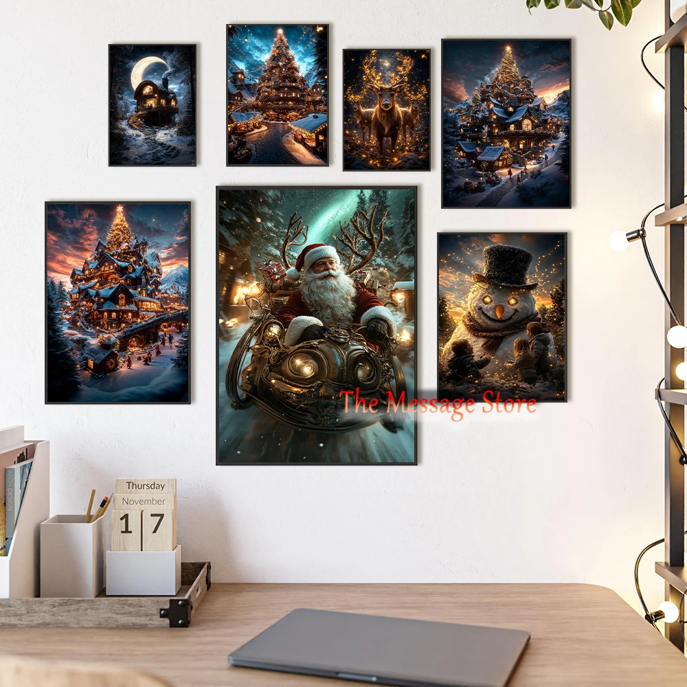 Enchanted Christmas Village Steampunk Santa Claus Fantasy Winter Christmas Holiday Poster Canvas Painting Wall Pictures Decor