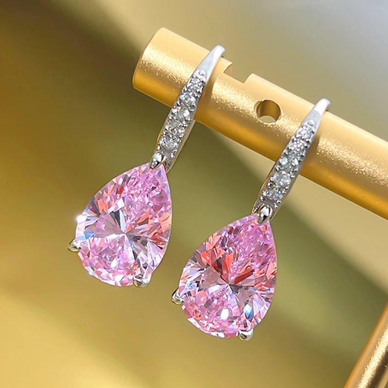 Huitan Pear Pink/Yellow Cubic Zirconia Drop Earrings for Women Silver Color Luxury Wedding Engagement Female Earrings Jewelry