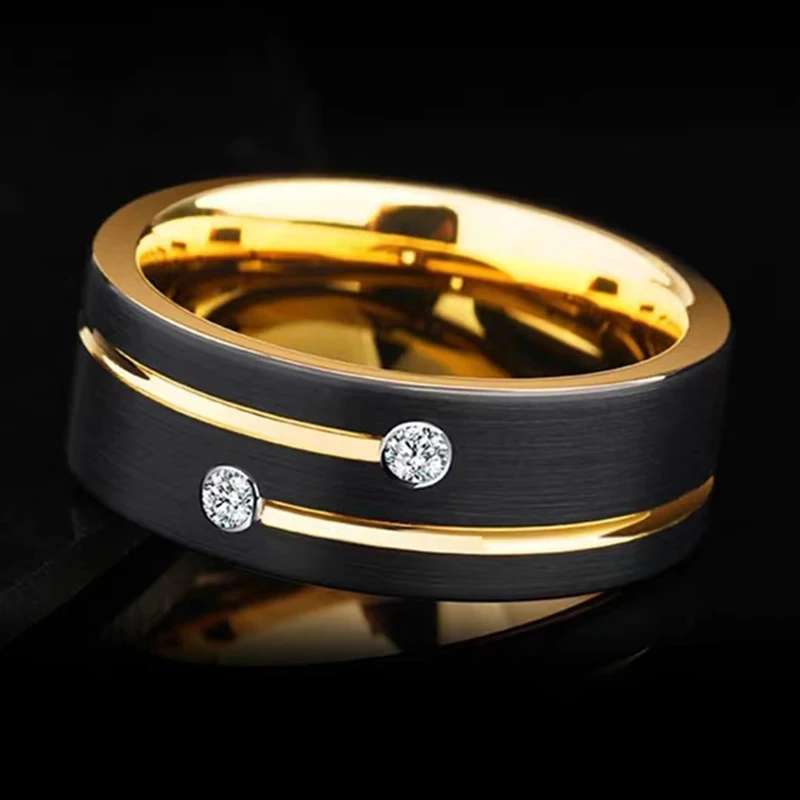 Luxury Mens 8mm Black Stainless Steel Gold Color Ring Crystal Wedding Band for Men\'s Engagement Party Jewelry Gift Wholesale