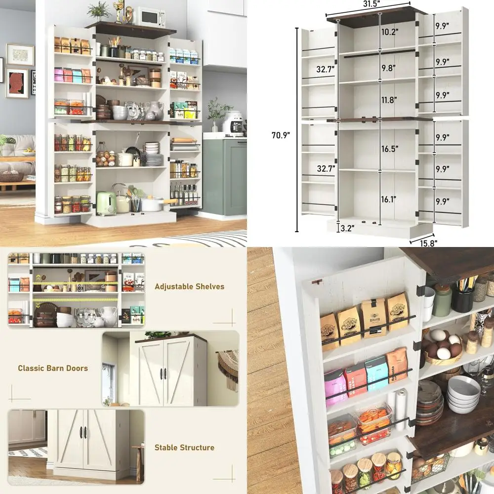 

71 Tall Rustic White Kitchen Pantry Cabinet with Adjustable Shelves & Barn Doors