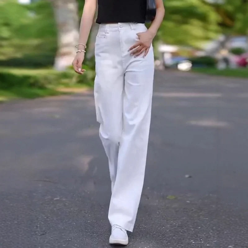 Белые джинсы для женщин, весенне-осенние повседневные брюки, модные универсальные простые свободные широкие брюки для поездок на работу