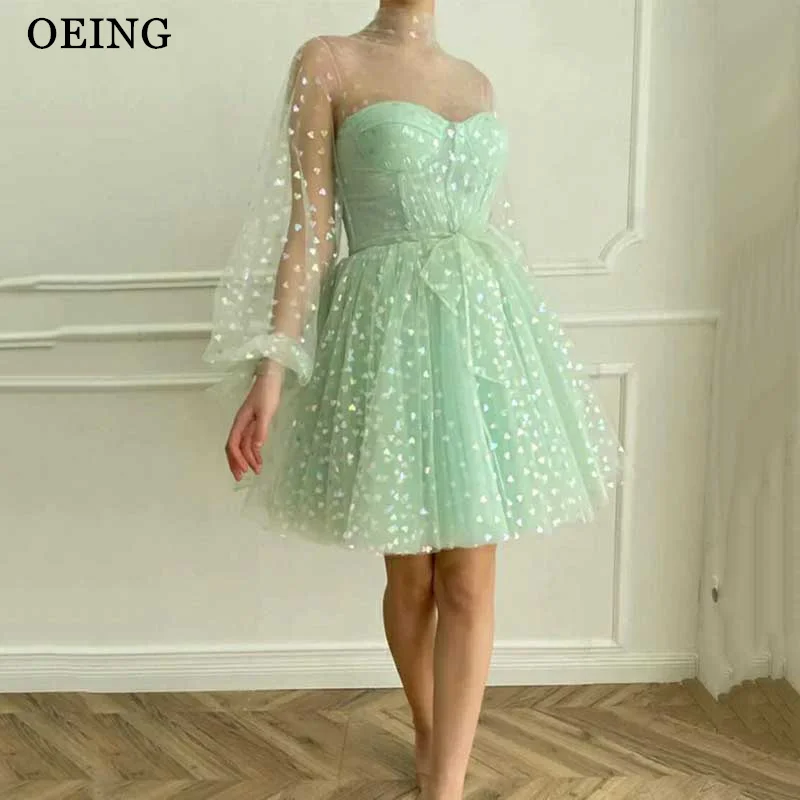 OEING Green Prom Dress Tulle Puff Long Sleeves High Neck Party Dresses Homecoming Point Ball Dress Vestidos De Fiesta Customized