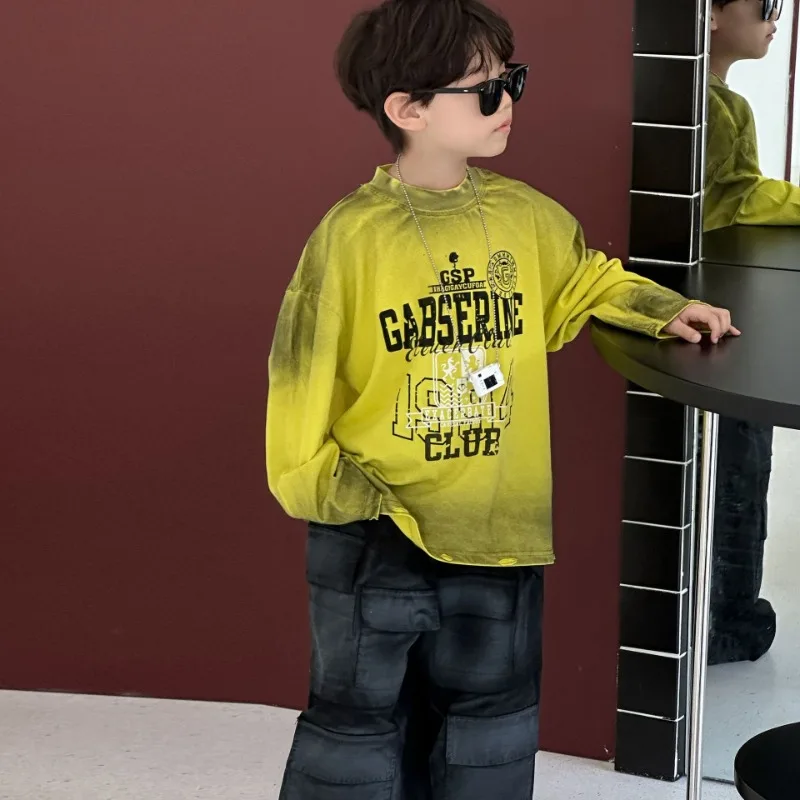 

Boys' Letter Long-sleeved T-shirt 2025 Autumn New American Retro Loose Cotton Sweater Children's Fashion Top Trend