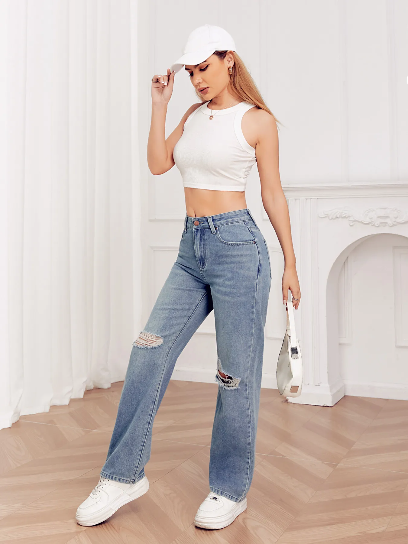 

Jeans Women Y2k Denim Pants Straight Leg Distressed Washed Vintage Blue No Elastic Classic Trendy Fashion Casual