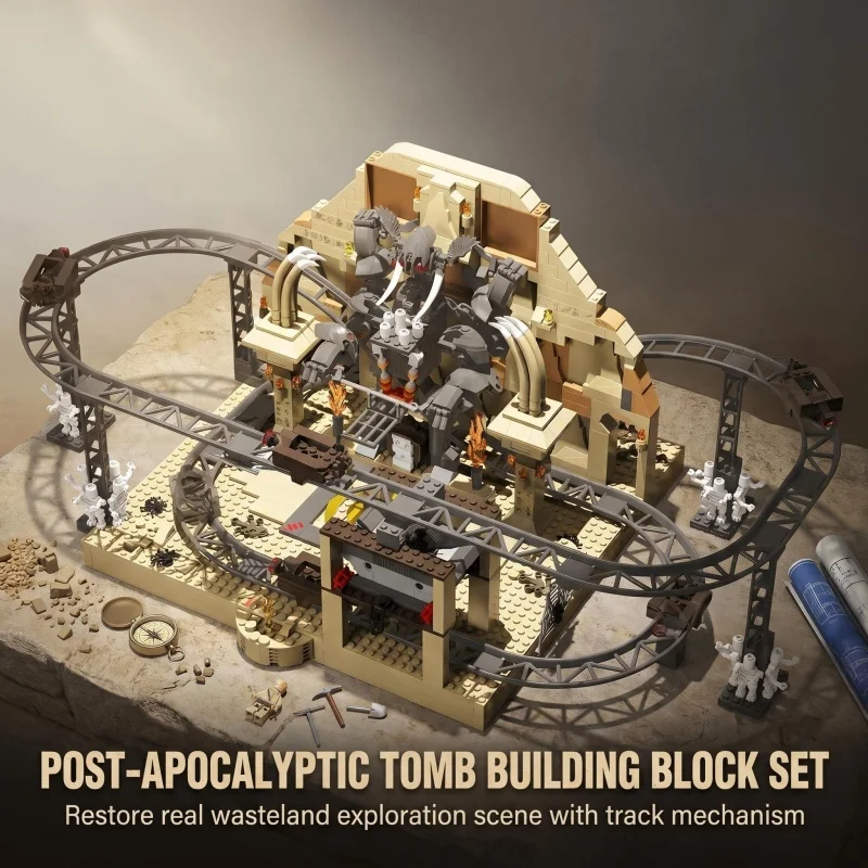 

Mythical Desert Temple Building Blocks, Roller Coaster Track & Beast Figure Included, DIY Assembly Diorama, Collectible Decor fo