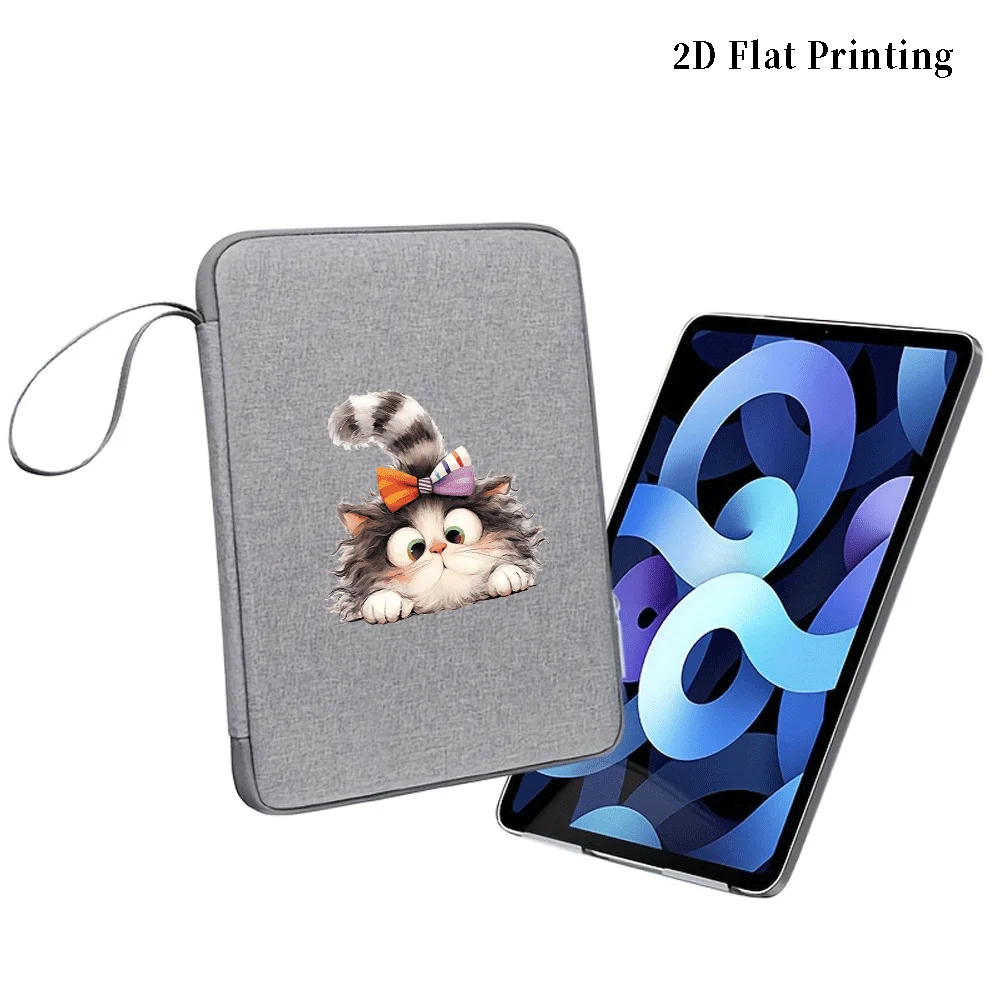 2D Flat Print Gray Cartoon Cat iPad Sleeve with Lanyard, Shockproof, Zipper Closure, Stylish & Portable