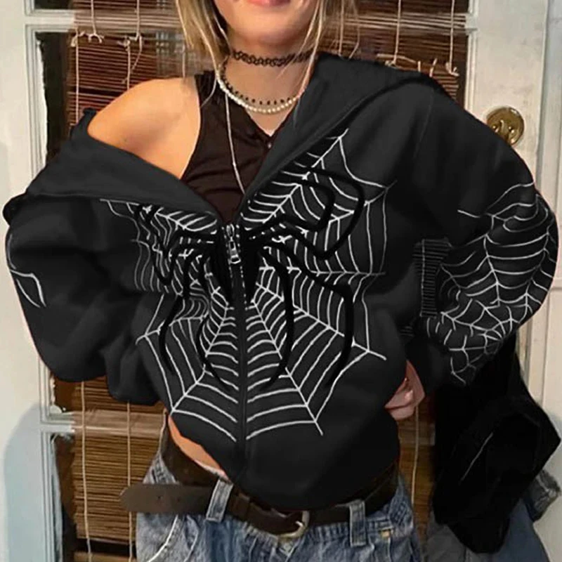 Y2K Spider-Man Hoodies Women Gothic Black Zip Up Oversized Sweatshirts Man Female Retro Harajuku Hooded Jackets Streetwear