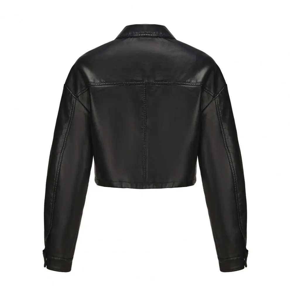 Slim-fit Faux Leather Jacket Stylish Women's Windproof Faux Leather Motorcycle Jacket with Chest Pocket Slim Fit for Long for A