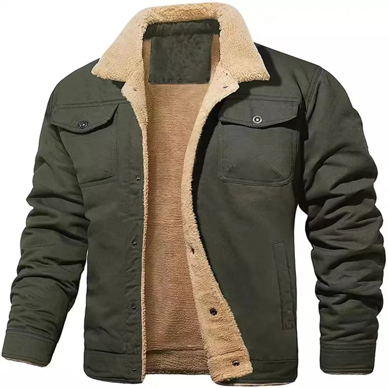 

Winter Jacket Men Long Sleeve Fleece Lined Cotton Pleated Collar Bomber Jacket Military Tactical Warm Coat