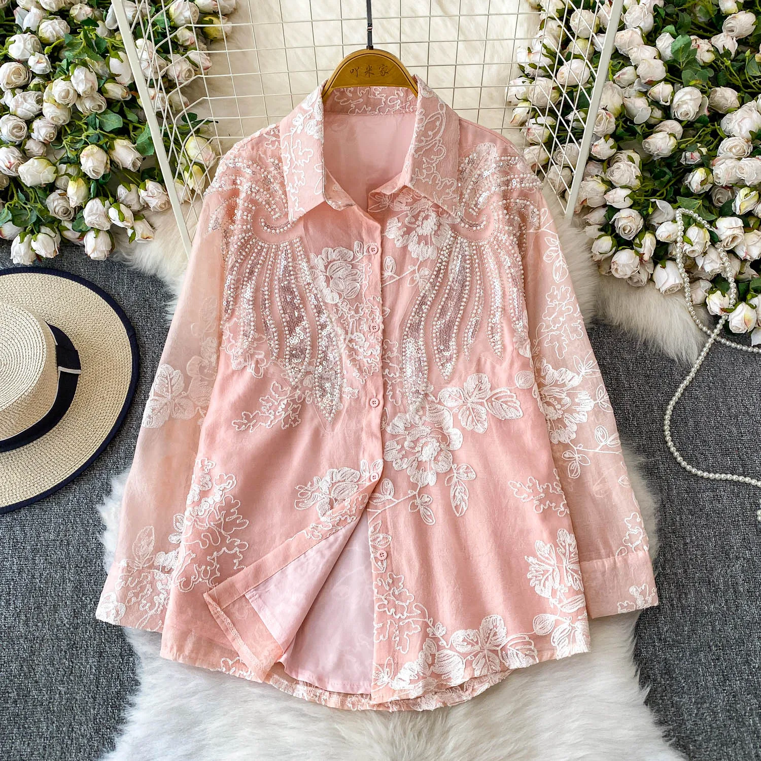 

SuperAen Fashion Sequins Embroidered Flares Lapel Collar Shirt Autumn New Retro Single Breasted Casual Shirts