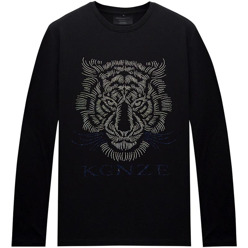 

Plus Size Man Tshirt Hgih Quality Tiger Rhinestones Fashion Streetwear O Neck long Sleeve T-shirt Slim Fit Man Camiseta Hombre