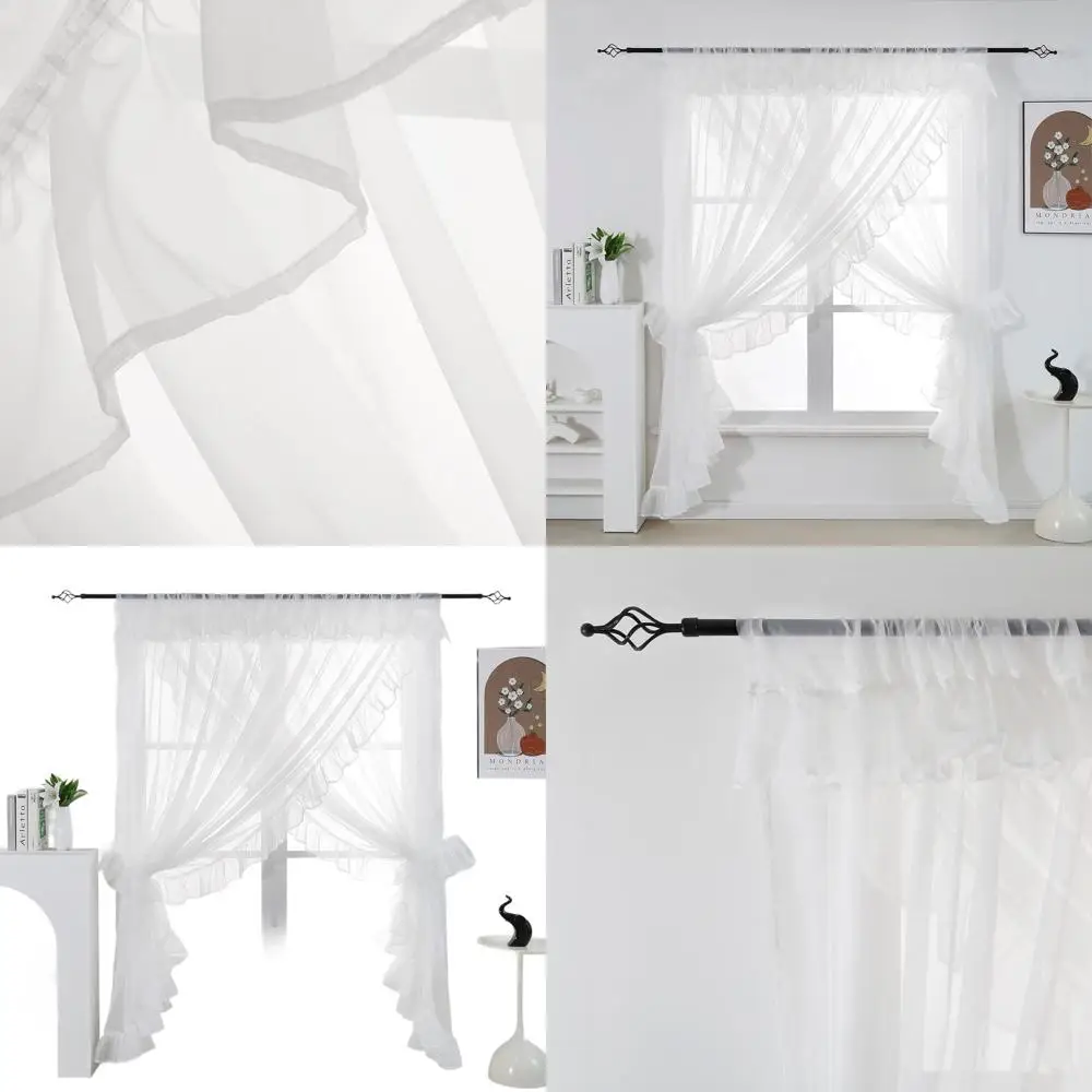 

Белые двухслойные прозрачные шторы с рюшами 120x84 в стиле шебби-шик, карманом для удилища и подхватами