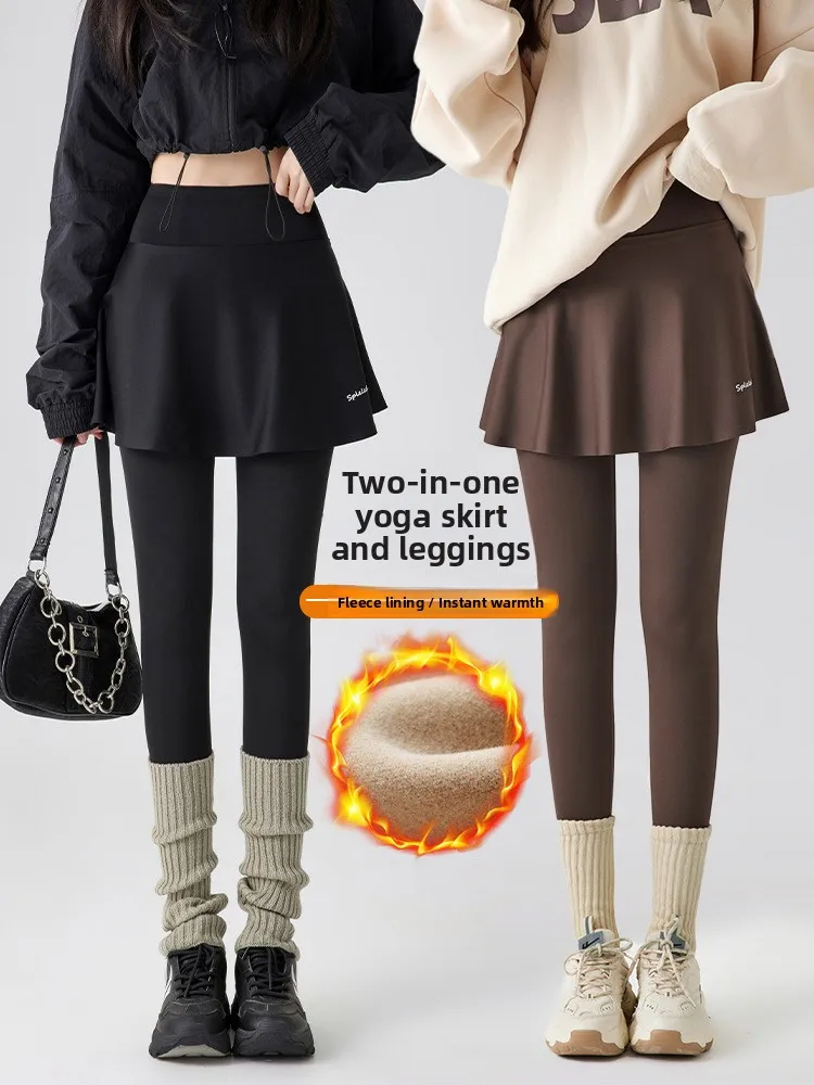 

Women's Fleece Lined Yoga Pants Skirt Attached High Waist Long Trousers Fitness Sportswear Autumn Winter Warm Trousers