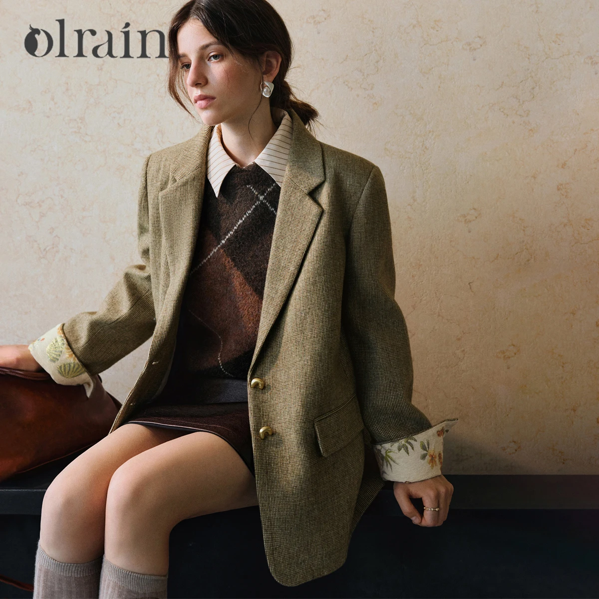 

OLrain Блейзер для женщин с жаккардовыми манжетами и цветочным принтом, весна 2026, длинные шерстяные пальто большого размера в стиле старых денег GO57DN002081