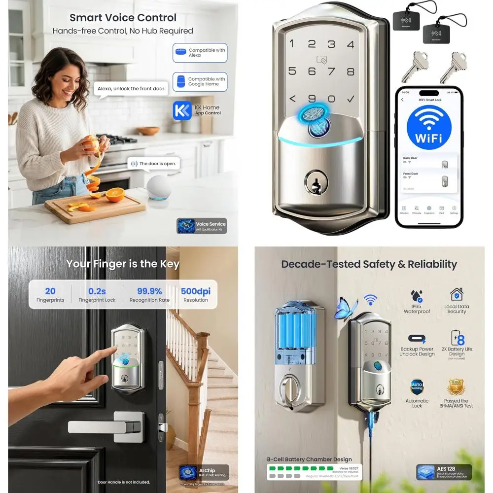 

Fingerprint Entry Smart Door Lock with Touchscreen Keypad, App & Voice Control, No Hub Required, IP65 Waterproof, Grade 3, Satin